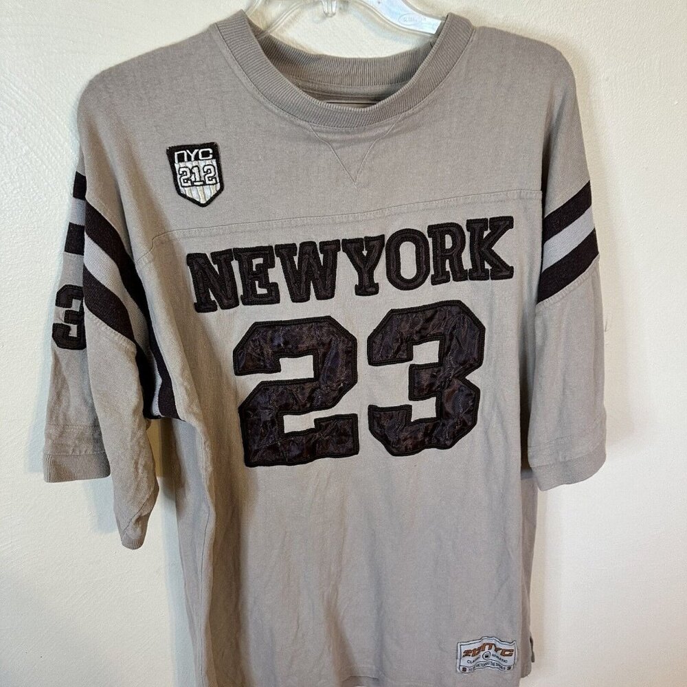 New York 23 Mens Short Sleeve Tan & Brown Jersey Style Shirt Top Medium Hockey